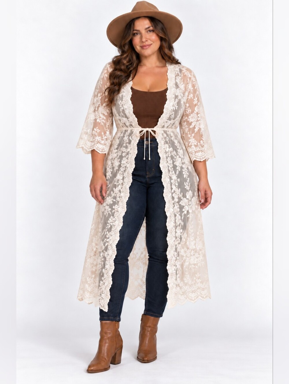 LIV Los Angeles Large Ivory Floral Lace Duster Kimono Tie Front Boho Cardigan
